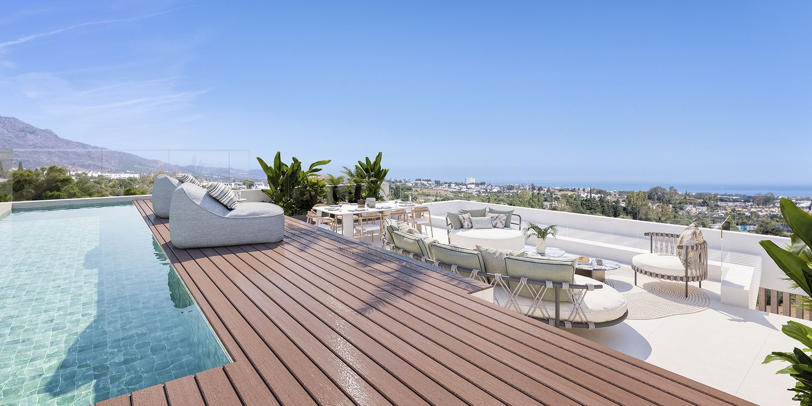 Terrasse de luxe avec piscine et vue sur la mer.